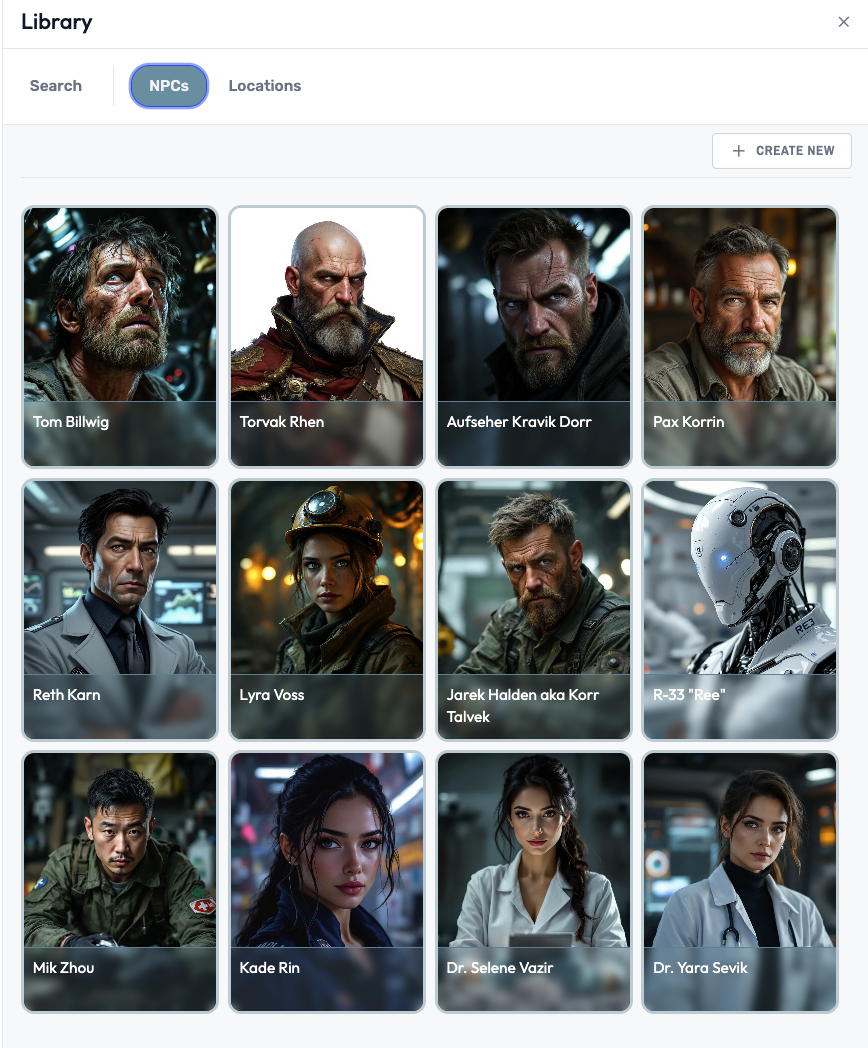 Campaign library showing grid of AI-generated NPC portraits and locations